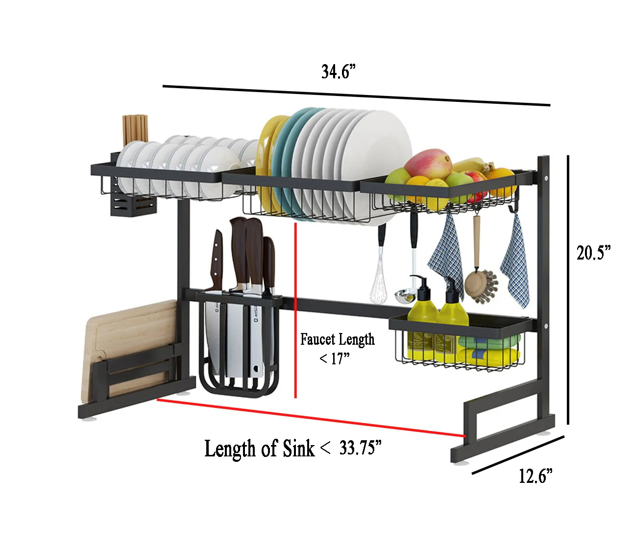 34.6" Stainless Steel Black Dish Drying Rack Over Kitchen Sink, Dishes and Utensils Draining Shelf - Image 7